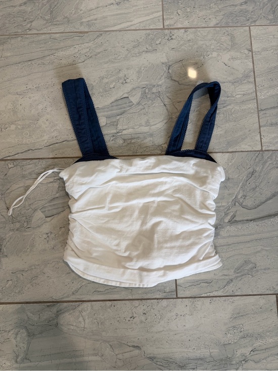 Free People Tops - Free People White Cropped Tank with Navy Wide Straps